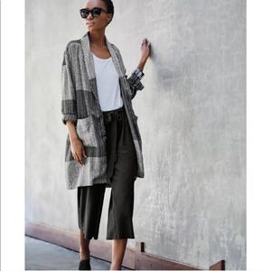 Eileen Fisher Black Hazy Blocks Long Cotton Jacket